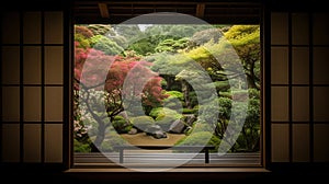 The edge and the garden seen from the Japanese room. Generative Ai