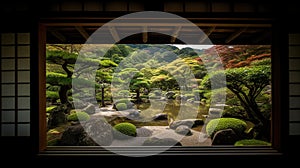 The edge and the garden seen from the Japanese room. Generative Ai