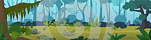 Edge tropical jungle cartoon panorama vector illustration horizontal background