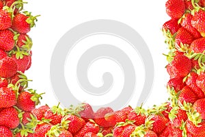 Edging or frame with fresh red summer fruits strawberries isolated on white background. Natural decoration for design