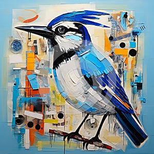 Edgy Street Art: Blue Jay In Playful Cubism Style