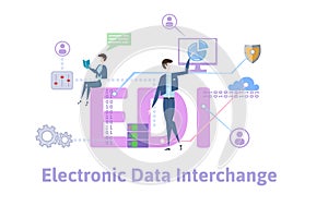 EDI, Electronic Data Interchange. Concept table with keywords, letters and icons. Colored flat vector illustration on