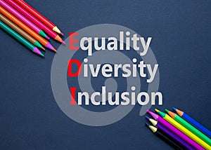 EDI equality diversity inclusion symbol. Concept words EDI equality diversity inclusion. Beautiful black background. Colored