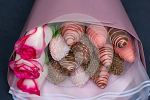 Edible bouquet, strawberries in glaze, strawberries, flowers