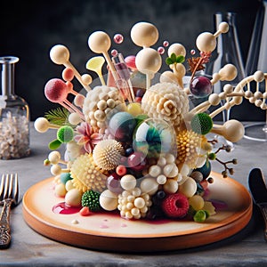 edible centerpiece made of molecular gastronomy-inspired creations that change texture and flavor. artistic dining