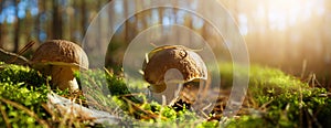 Edible cep mushrooms in a sunny autumn forest