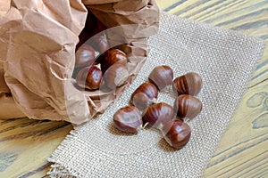 The edible chestnuts Castanea sativa in a paper bag