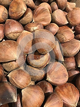 Edible chestnuts in a store or market closeup