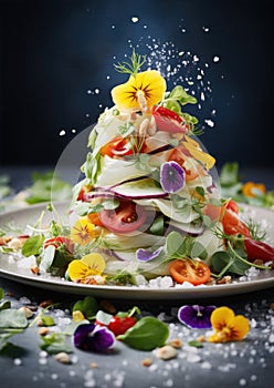 Edible flowers salad in a plate.