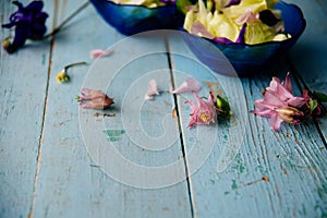 Edible flowers salad in a plate on blue wooden table with fork