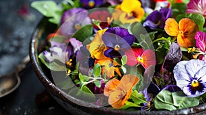 Edible flowers salad in a rustic bowl. Close-up view of vibrant organic ingredients