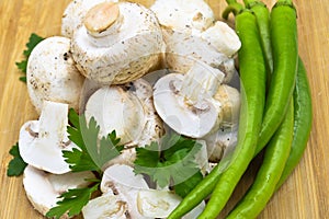 Edible fresh culture mushrooms and parsley