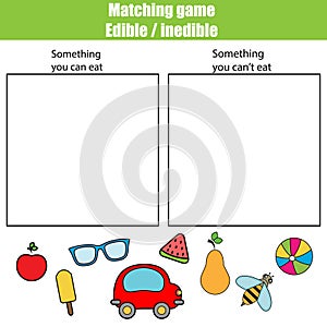 Edible inedible educational children game, kids activity sheet