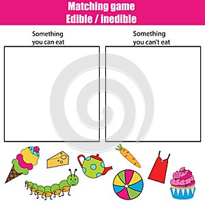 Edible inedible educational children game, kids activity sheet photo