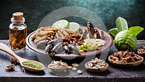 Edible insects on plate surrounded by sauces and spices. Generative AI Image.