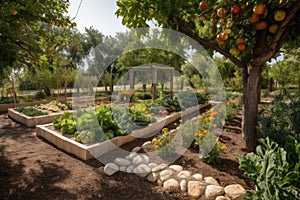 edible landscape with fruit trees and vegetable garden, providing sustenance in the form of fresh produce
