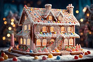 Edible-looking gingerbread house adorned with gumdrops. Christmas house made from ginger cookies decorated in Christmas spirit.