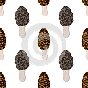 Edible mushrooms seamless pattern, morel mushroom. Cartoon flat style. Vector