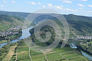 Ediger-Eller, Germany - 08 20 2020: view from Calmont the narrow land inside the Mosel curve