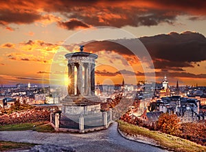 Edinburgh against sunset with Calton Hill in Scotland