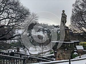 Edinburgh Castle covered by snow from Princess street in Edinburgh, Scotland