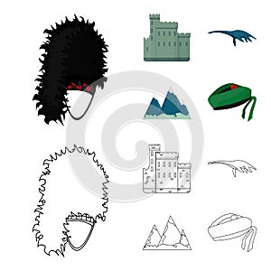 Edinburgh Castle, Loch Ness Monster, Grampian Mountains, national cap balmoral,tam o shanter. Scotland set collection