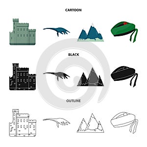 Edinburgh Castle, Loch Ness Monster, Grampian Mountains, national cap balmoral,tam o shanter. Scotland set collection