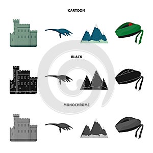 Edinburgh Castle, Loch Ness Monster, Grampian Mountains, national cap balmoral,tam o shanter. Scotland set collection