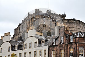 Edinburgh Castle on Castle Rock seen from downtown, Scotland, United Kingdom, summer day