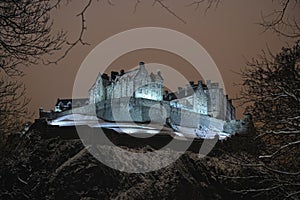 Edinburgh Castle, Scotland, UK, at night in snow