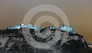 Edinburgh Castle, Scotland, UK, at night in snow