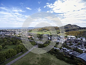 Edinburgh city historic Arthur Seat sunny Day Aerial shot 2