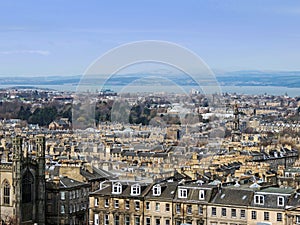 Edinburgh city panorama from Calton Hill, with Firth of Forth in the background