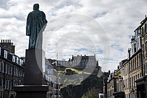 Edinburgh city Sculptue look at historic Castle Rock