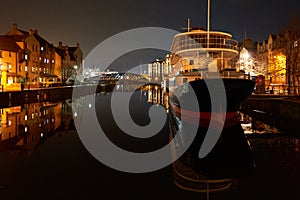 Edinburgh, Leith. Moored ship at night