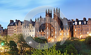 Edinburgh Old town of street Mound with New College, The University, Scotland at night