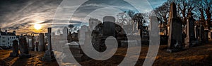 EDINBURGH, SCOTLAND DECEMBER 14, 2018: old, desolated and grungy tombstones, memorials and headstones in the graveyard with the