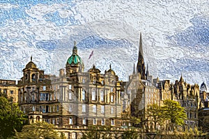 Edinburgh Scotland England - oil painting. Architecture of the city.