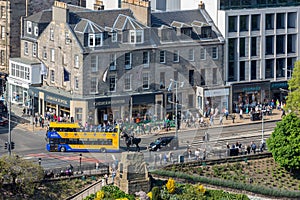 Cityscape Edinburgh at shops Princes Street, Aerial view from castle