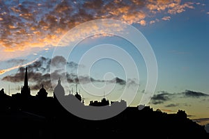 Edinburgh, Scotland, skyline silhouetted at dusk