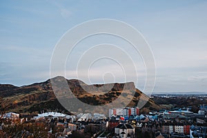 Scotland: 13th Feb 2024: Arthurs Seat Holyrood Park view from Carlton Hill lookout point at dusk photo