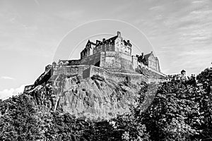 Edinburgh Castle  on top of the Castle Rock in black and white