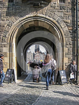 Edinburgh / Scotland / UK - 04/20/2014: View at the interior Edinburgh Castle, detail of walls medieval fortress principal gate, a