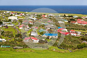 Edinburgh of the Seven Seas town aerial panoramic view, Tristan da Cunha, the most remote inhabited island, South Atlantic Ocean.