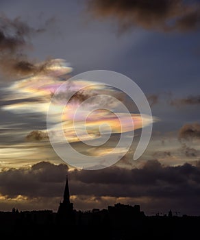 Edinburgh skyline and nacreous clouds