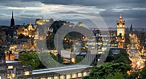 Edinburgh Skylines building and castle from Calton Hill at dusk