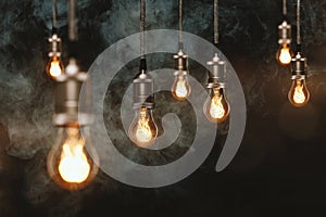 Edison light bulbs in front of a wooden wall