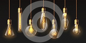 Edison light bulbs. Hanging vintage pendant copper lamps with glowing lightbulb filament. 3d decorative bulb on