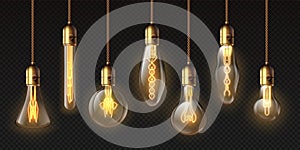Edison light bulbs. Hanging vintage pendant copper lamps with glowing lightbulb filament. 3d decorative bulb on electricity wire