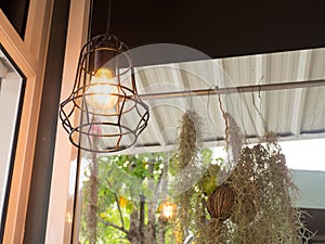 Edison's light bulb and lamp in modern style. Warm tone light bulb lamp. Lamps in coffee shop.